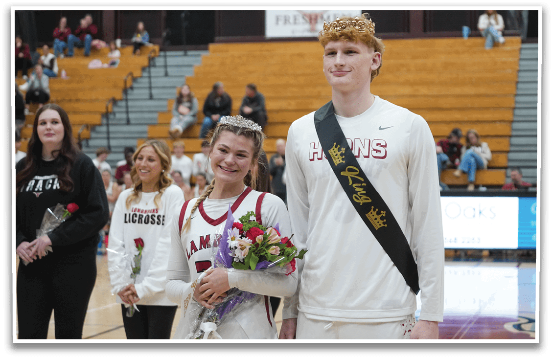 A man and woman stand on a basketball court, both wearing crowns. The woman is holding a bouquet of flowers. AI generated content