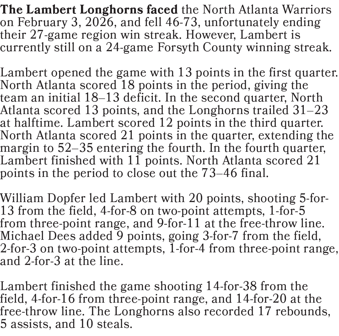 The Lambert Longhorns faced the North Atlanta Warriors on February 3, 2026, and fell 46 73, unfortunately ending thei...