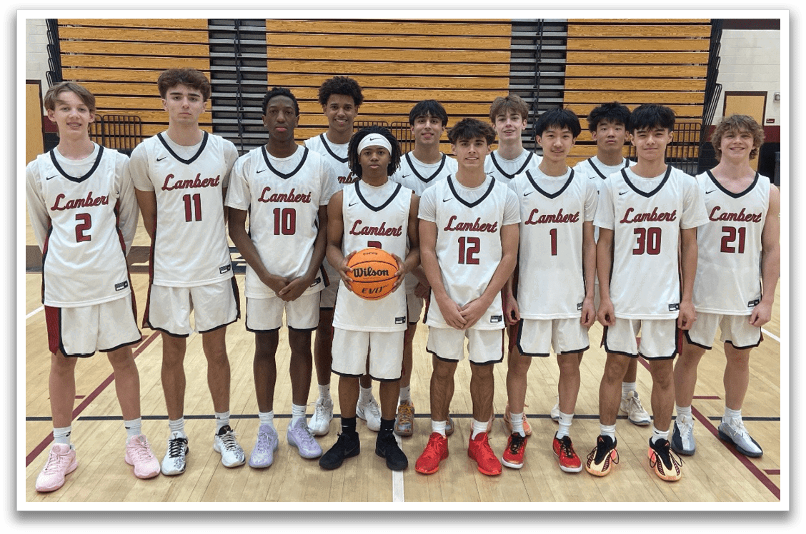 A group of young men pose for a picture on a basketball court. AI generated content