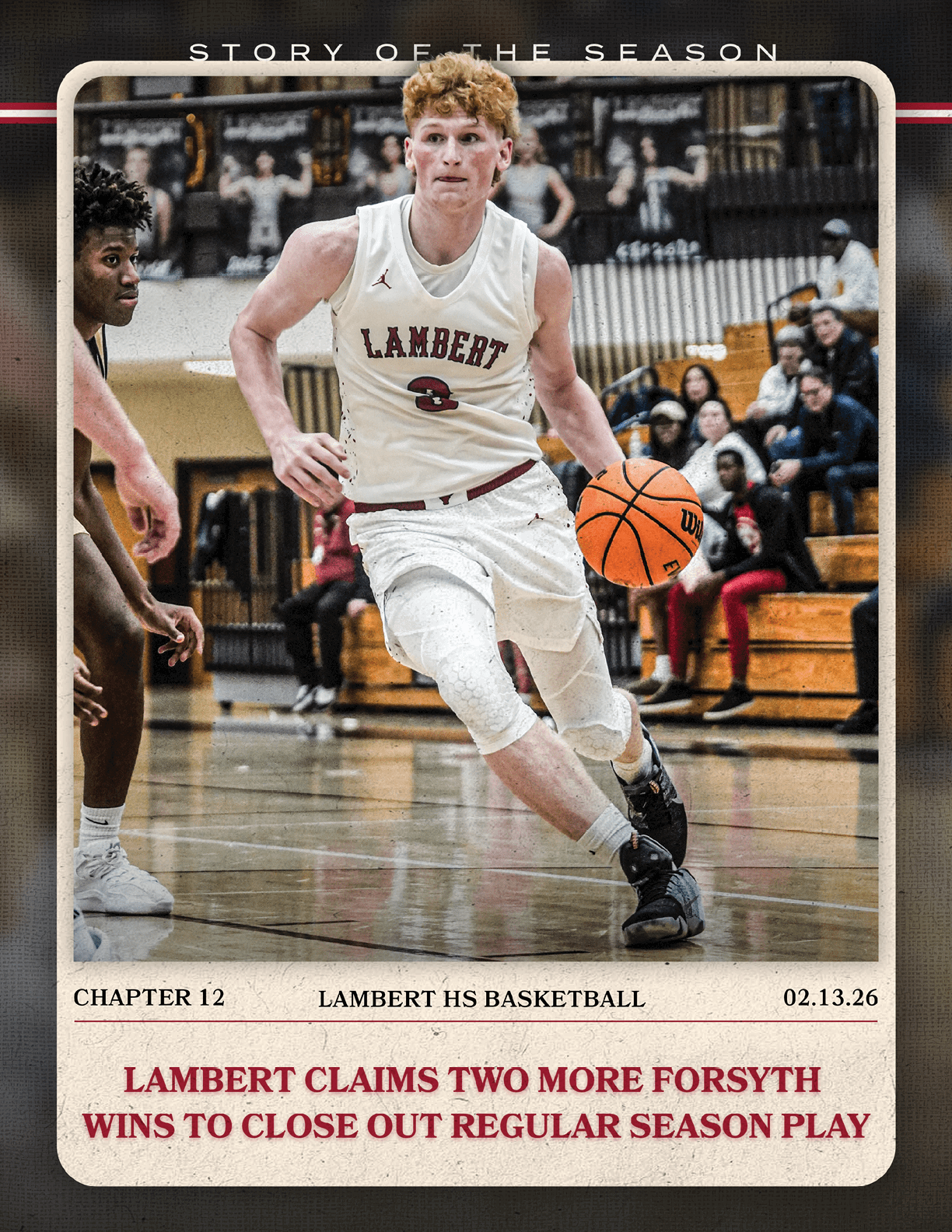 A basketball player in a white uniform with the word Lampeter on the front is running with a basketball in his hands. AI generated content