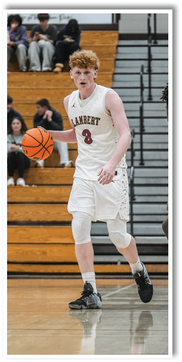 A basketball player in a white uniform is holding a basketball while another player in a gold uniform is trying to block him. AI generated content