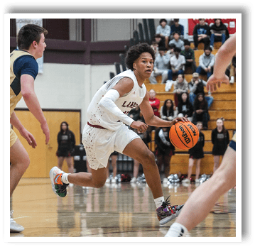 A basketball player in a white jersey is running with the ball. AI generated content