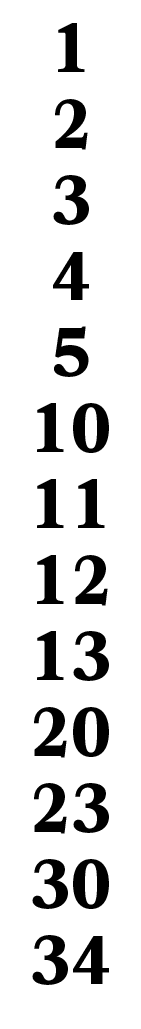 1 2 3 4 5 10 11 12 13 20 23 30 34 