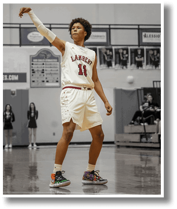 A basketball player wearing a red and white uniform is holding the ball in his hand, getting ready to throw it. AI generated content