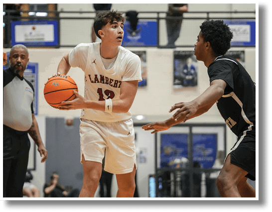 Two men playing basketball, one holding a ball. AI generated content