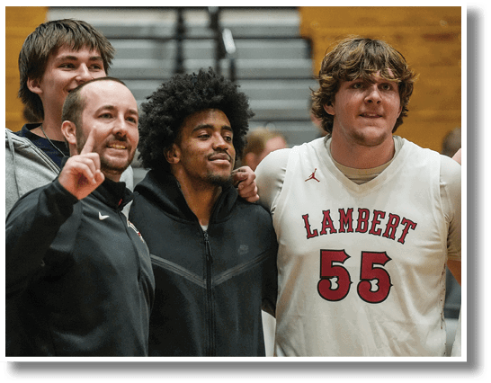 A group of men, including a basketball player, pose for a photo. AI generated content