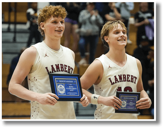 Two young men holding trophies, one with a blue trophy and the other with a white trophy. AI generated content
