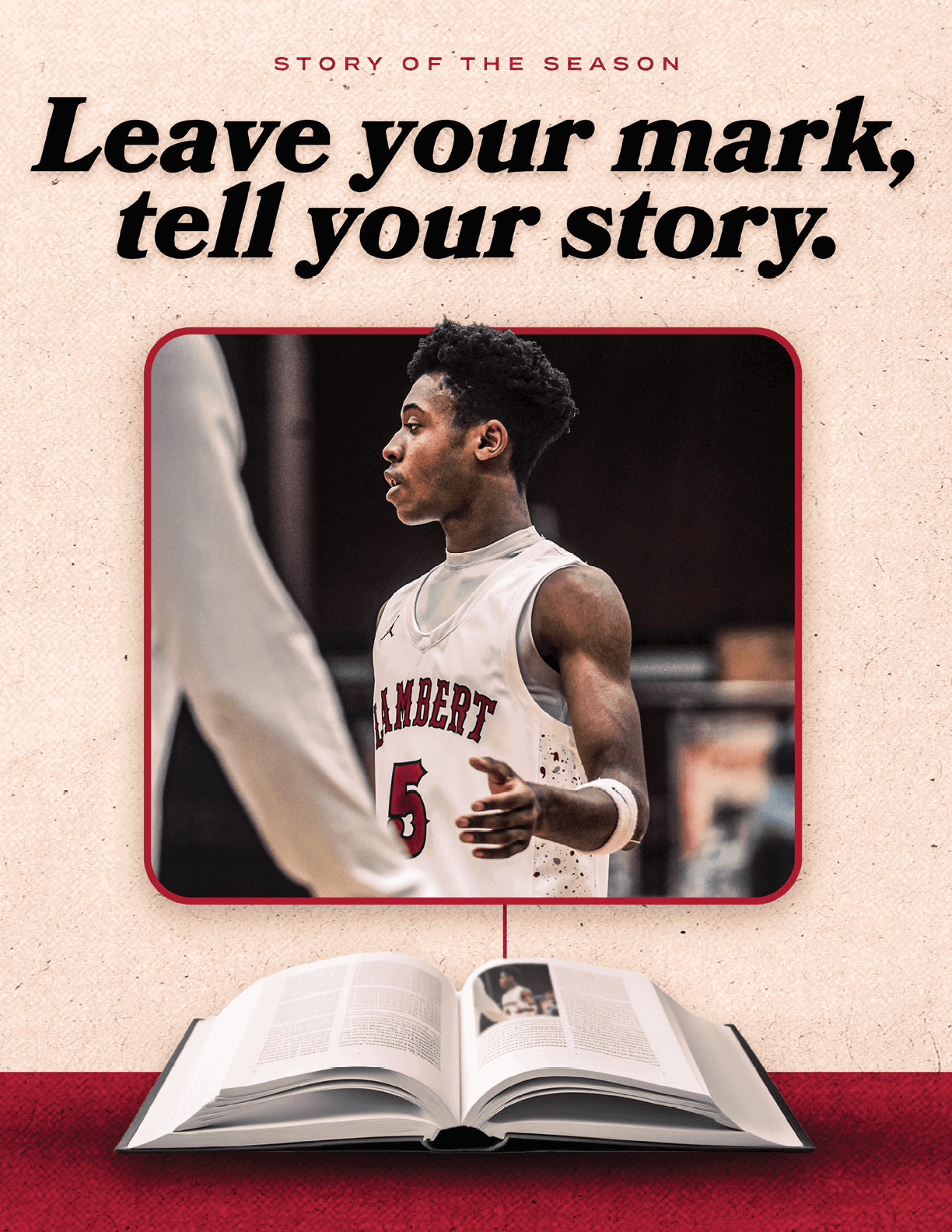 A man wearing a basketball uniform stands in front of a book. AI generated content