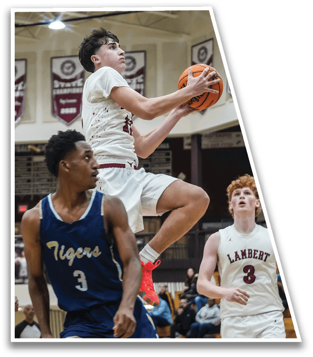 A basketball player jumps in the air to catch the ball while other players watch. AI generated content