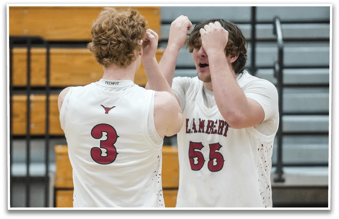Two men wearing white uniforms are celebrating a victory on the basketball court. AI generated content