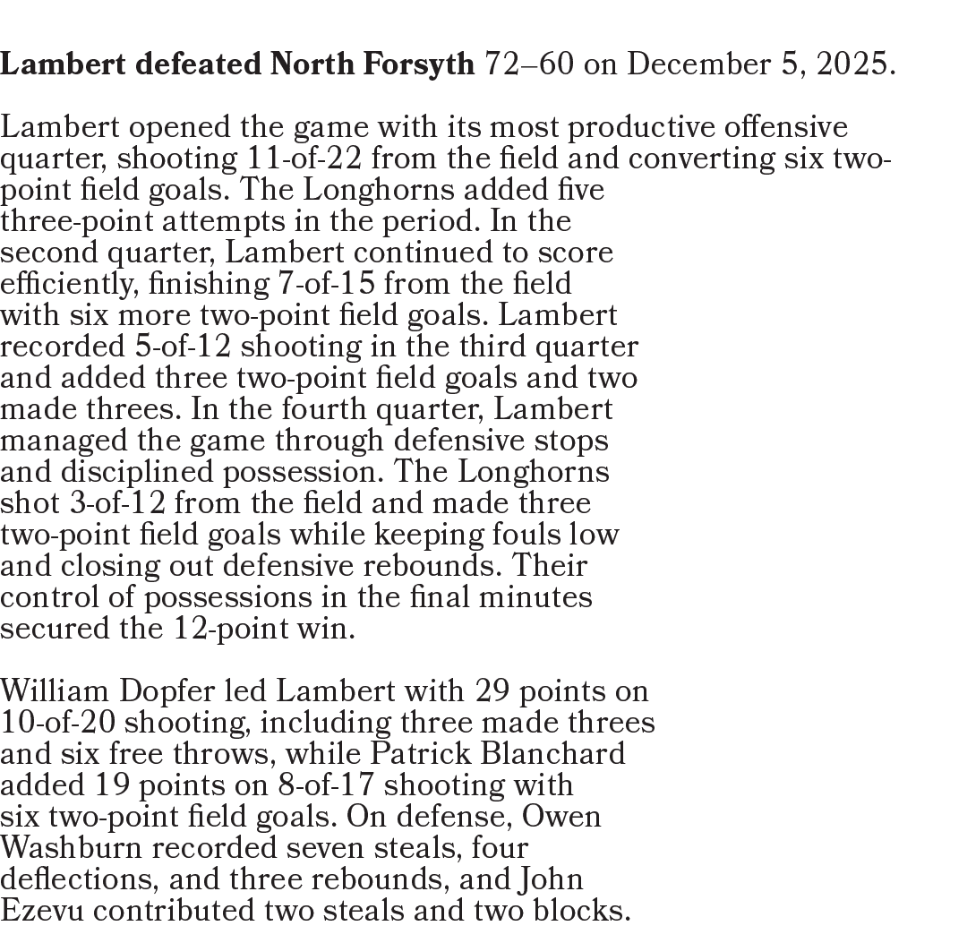 Lambert defeated North Forsyth 72–60 on December 5, 2025. Lambert opened the game with its most productive offensive ...