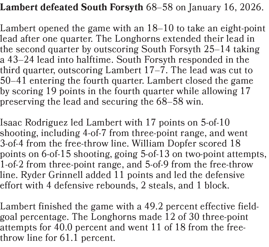 Lambert defeated South Forsyth 68–58 on January 16, 2026. Lambert opened the game with an 18–10 to take an eight poin...