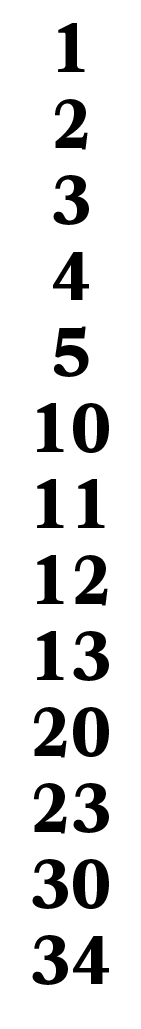 1 2 3 4 5 10 11 12 13 20 23 30 34 