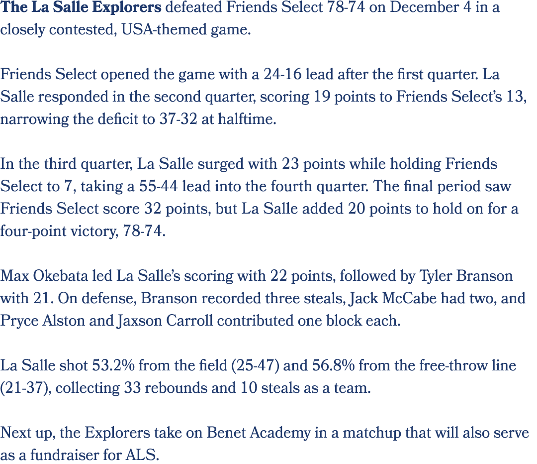 The La Salle Explorers defeated Friends Select 78 74 on December 4 in a closely contested, USA themed game. Friends S...