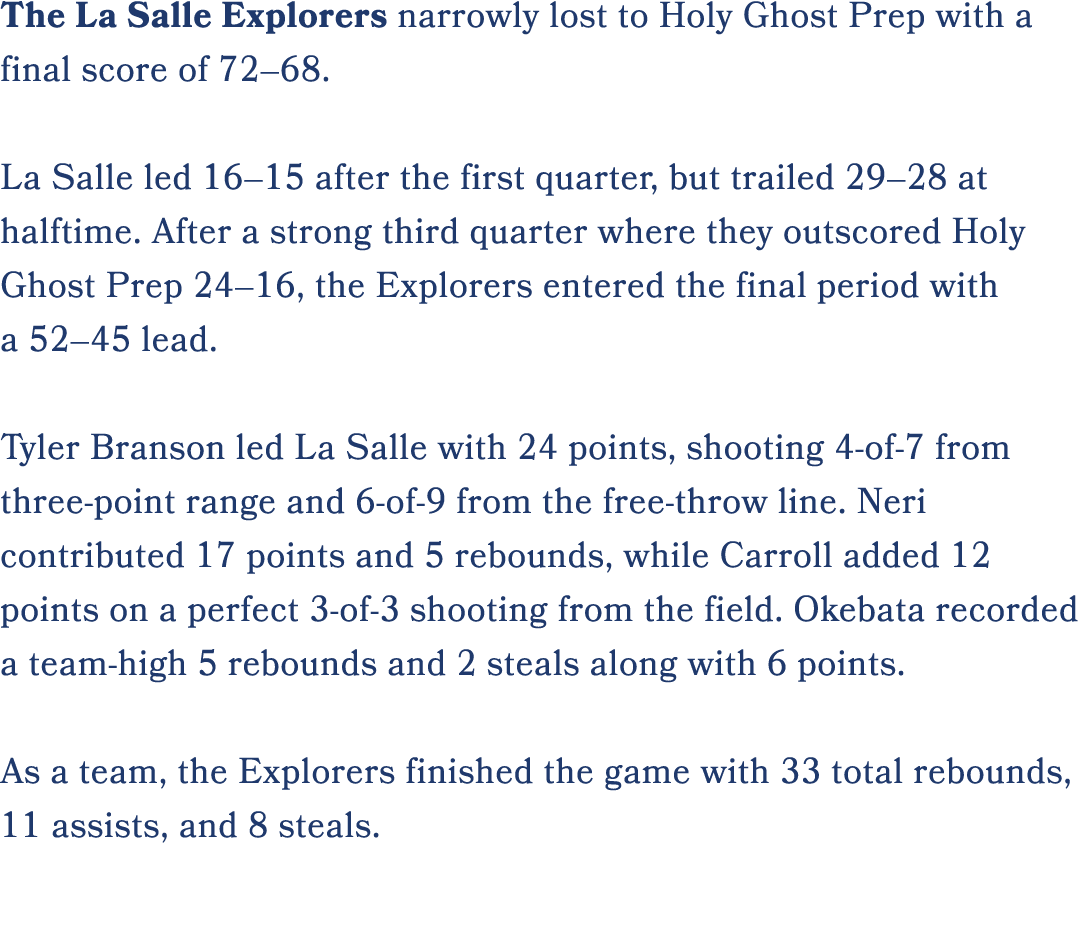 The La Salle Explorers narrowly lost to Holy Ghost Prep with a final score of 72–68. La Salle led 16–15 after the fir...