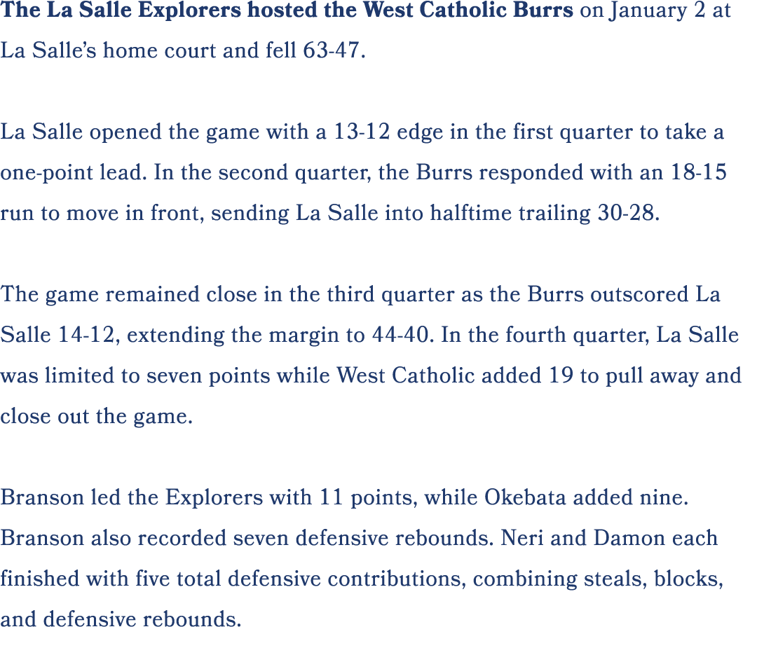 The La Salle Explorers hosted the West Catholic Burrs on January 2 at La Salle’s home court and fell 63 47. La Salle ...