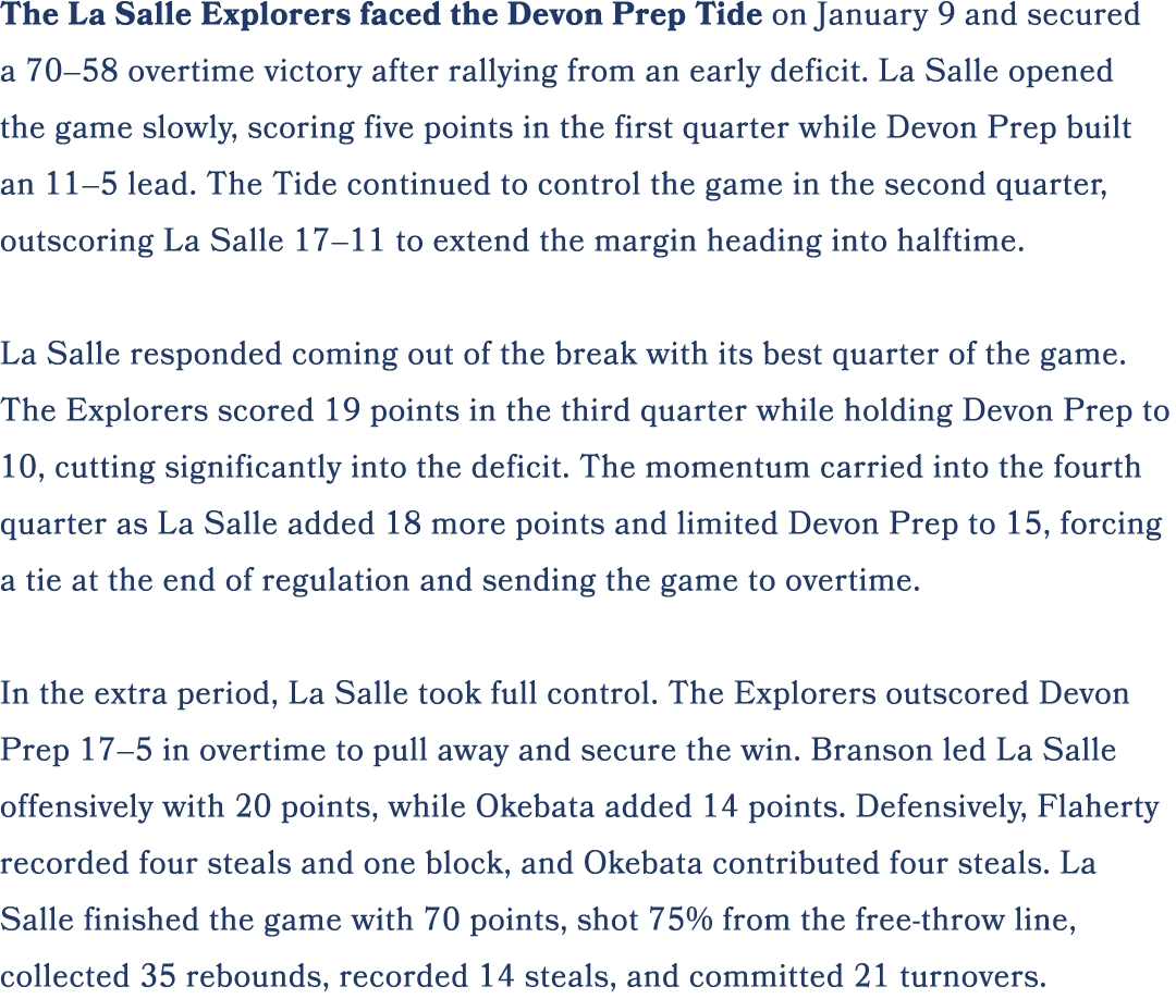 The La Salle Explorers faced the Devon Prep Tide on January 9 and secured a 70–58 overtime victory after rallying fro...