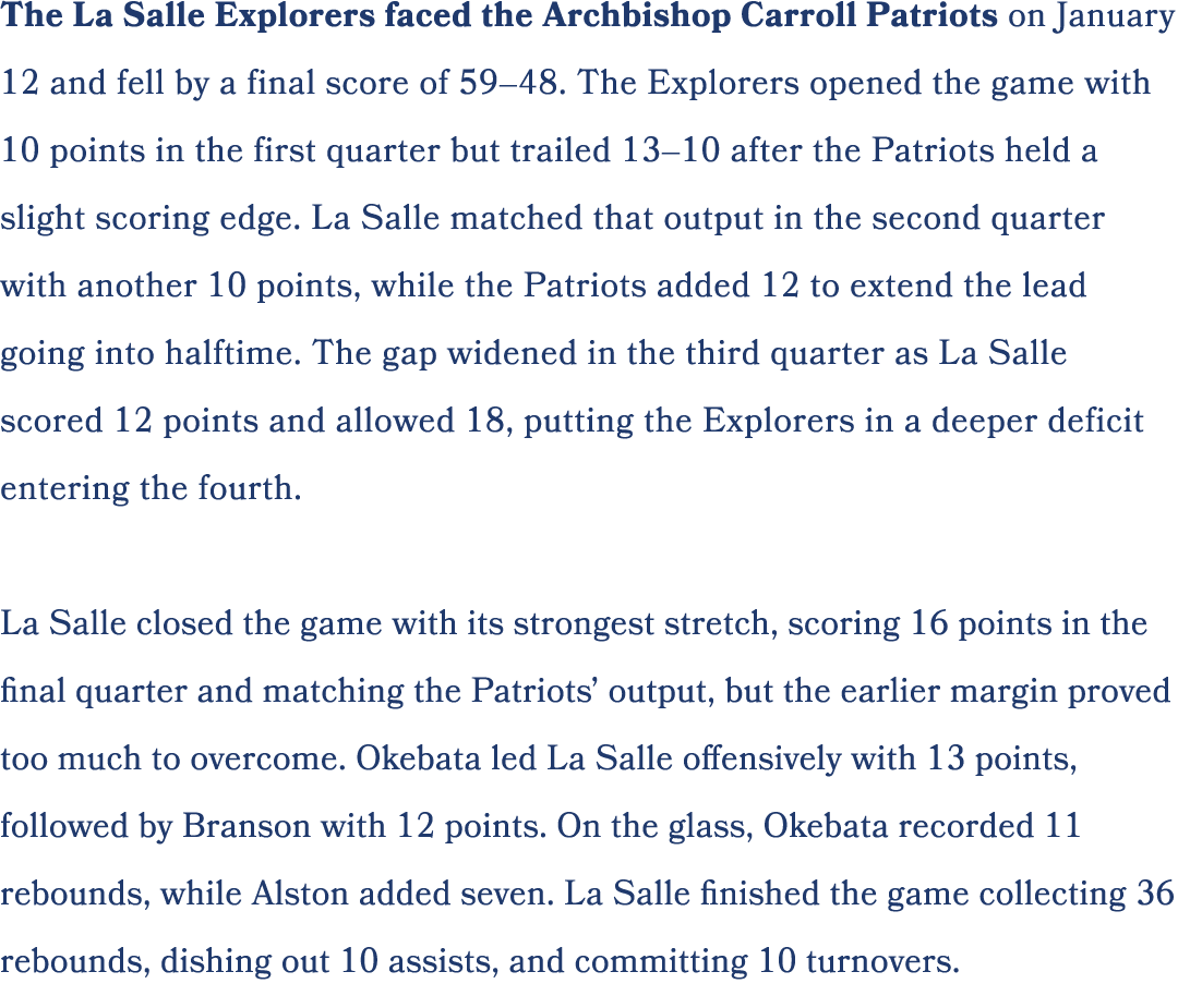 The La Salle Explorers faced the Archbishop Carroll Patriots on January 12 and fell by a final score of 59–48. The Ex...