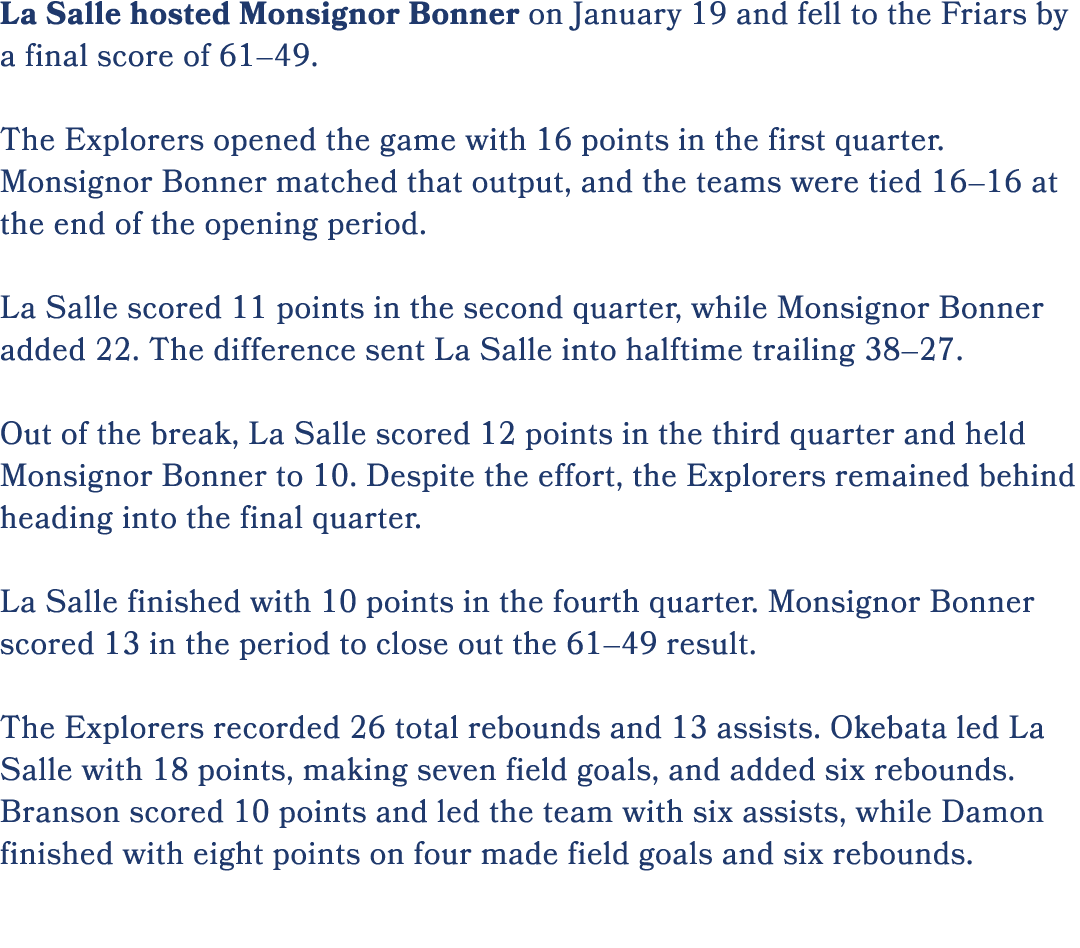 La Salle hosted Monsignor Bonner on January 19 and fell to the Friars by a final score of 61–49. The Explorers opened...
