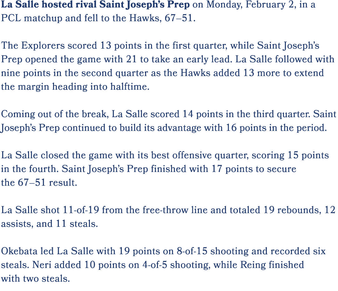 La Salle hosted rival Saint Joseph’s Prep on Monday, February 2, in a PCL matchup and fell to the Hawks, 67–51. The E...