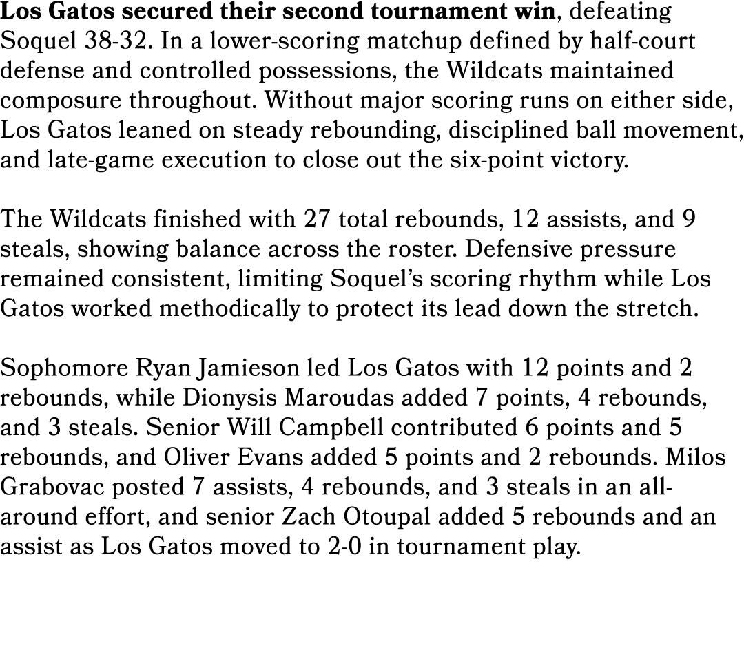 Los Gatos secured their second tournament win, defeating Soquel 38 32. In a lower scoring matchup defined by half cou...
