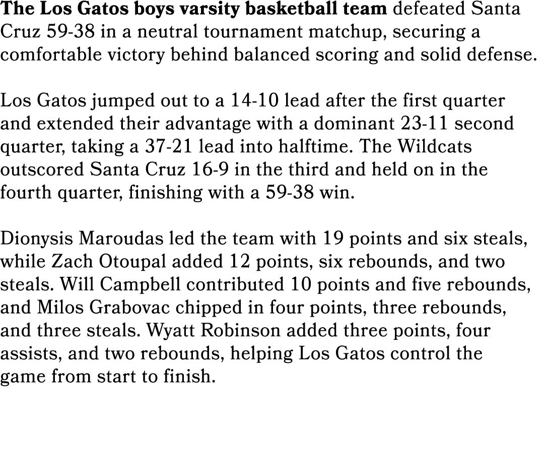 The Los Gatos boys varsity basketball team defeated Santa Cruz 59 38 in a neutral tournament matchup, securing a comf...