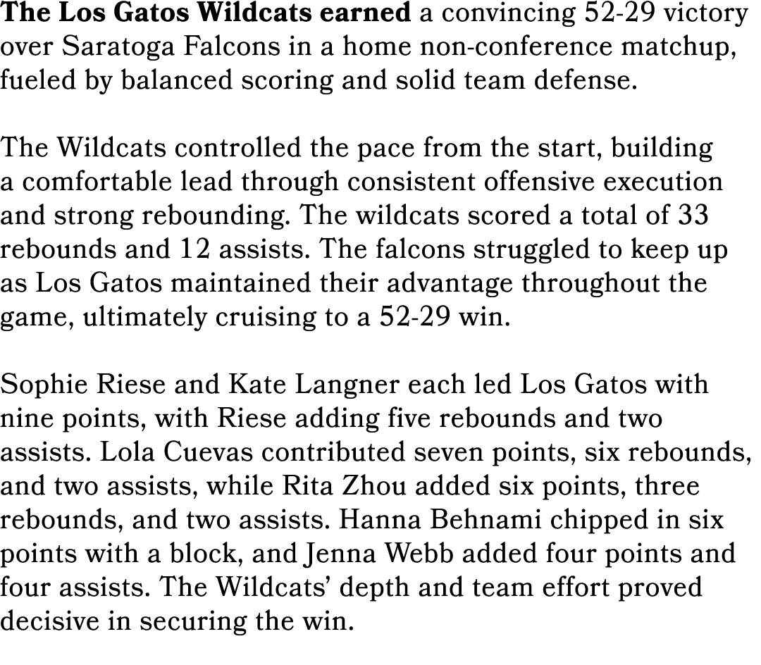 The Los Gatos Wildcats earned a convincing 52 29 victory over Saratoga Falcons in a home non conference matchup, fuel...