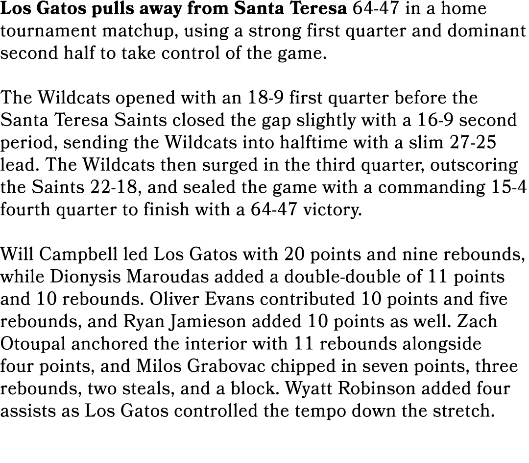 Los Gatos pulls away from Santa Teresa 64 47 in a home tournament matchup, using a strong first quarter and dominant ...