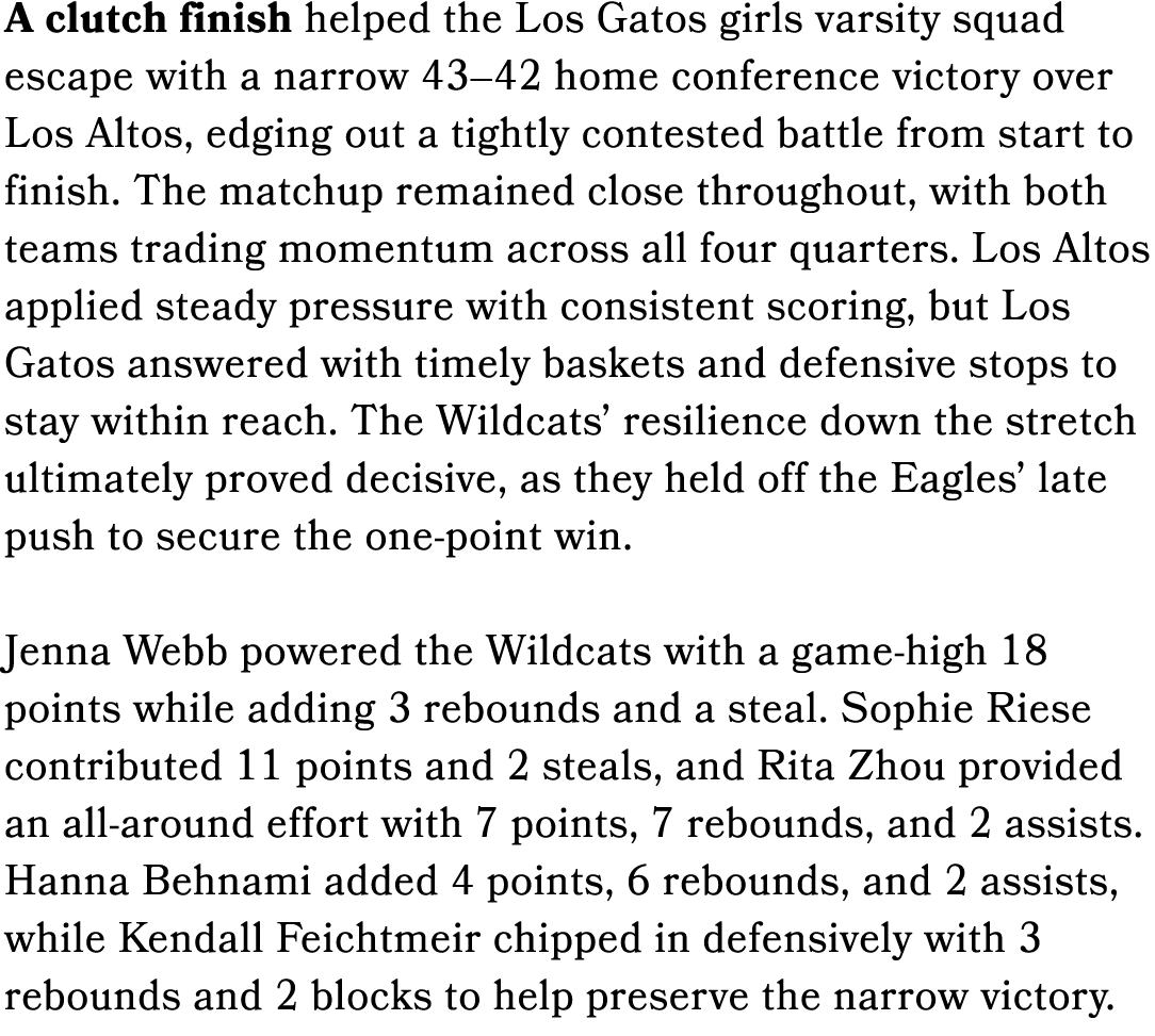 A clutch finish helped the Los Gatos girls varsity squad escape with a narrow 43–42 home conference victory over Los ...