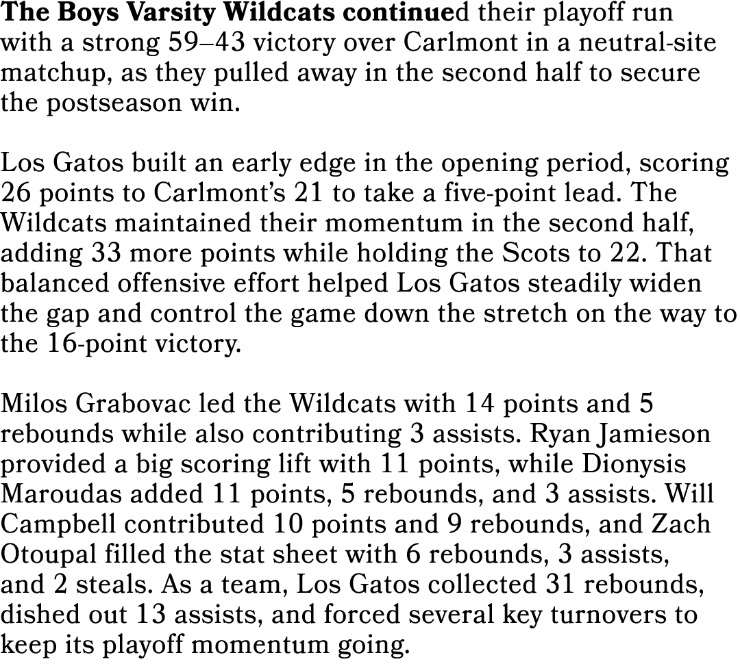 The Boys Varsity Wildcats continued their playoff run with a strong 59–43 victory over Carlmont in a neutral site mat...