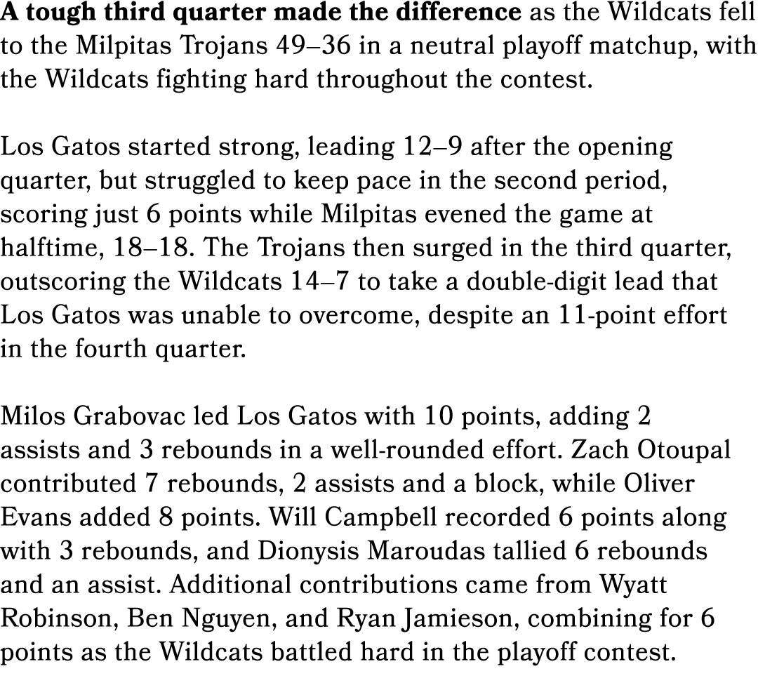 A tough third quarter made the difference as the Wildcats fell to the Milpitas Trojans 49–36 in a neutral playoff mat...