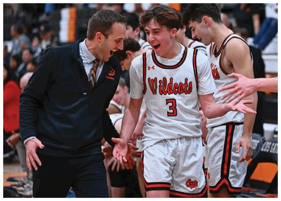 A group of men are celebrating on the basketball court. AI generated content