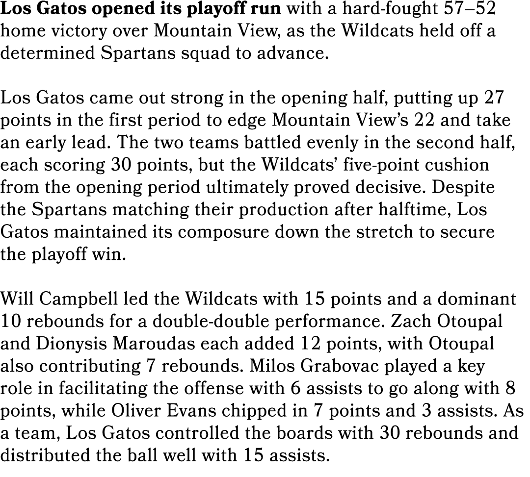 Los Gatos opened its playoff run with a hard fought 57–52 home victory over Mountain View, as the Wildcats held off a...