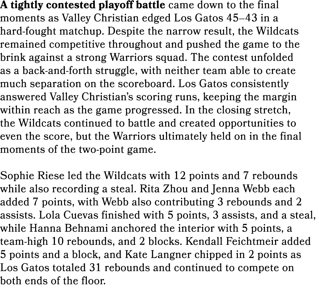 A tightly contested playoff battle came down to the final moments as Valley Christian edged Los Gatos 45–43 in a hard...