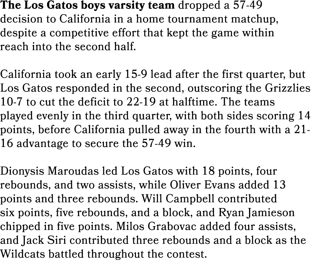 The Los Gatos boys varsity team dropped a 57 49 decision to California in a home tournament matchup, despite a compet...