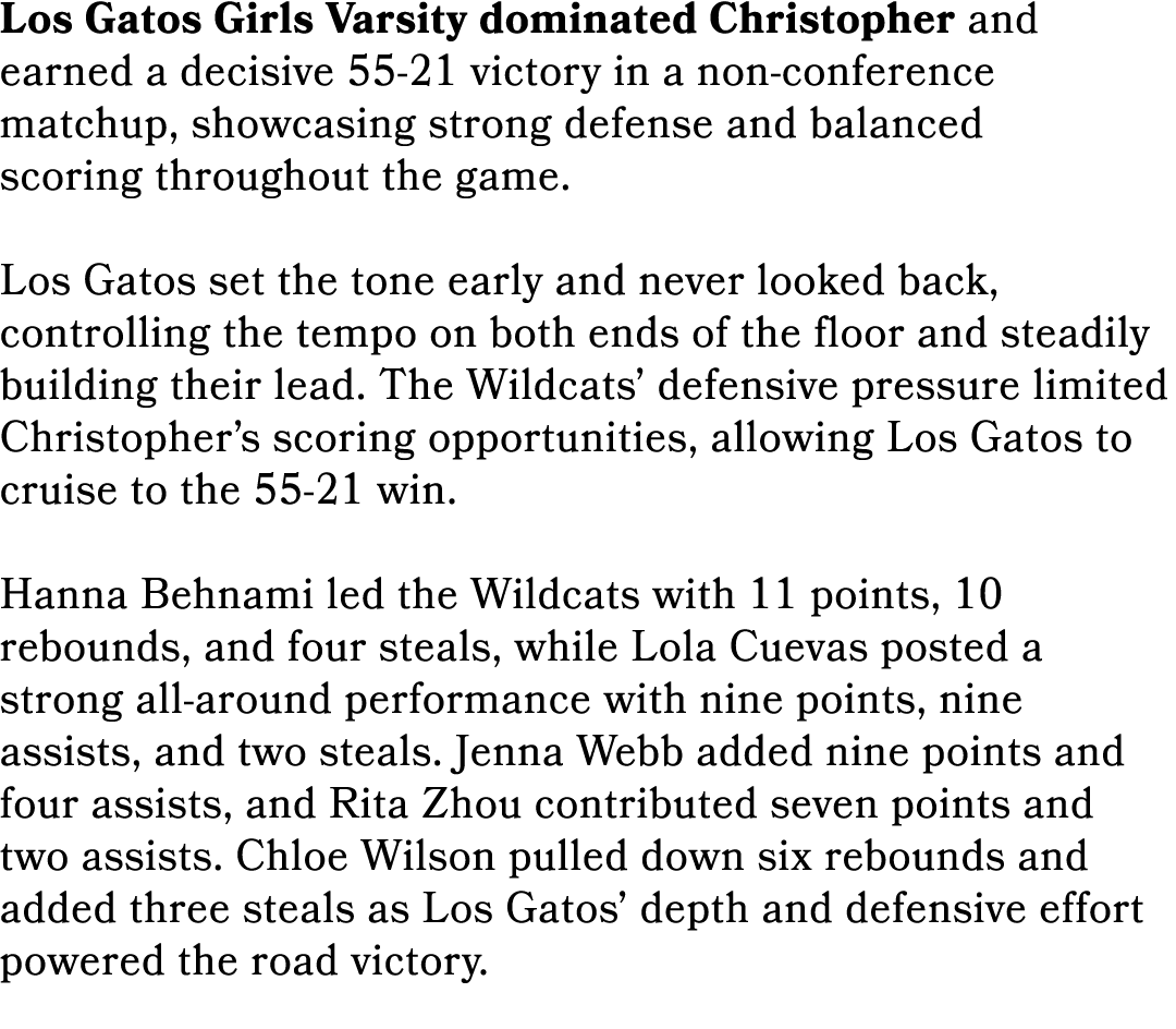 Los Gatos Girls Varsity dominated Christopher and earned a decisive 55 21 victory in a non conference matchup, showca...