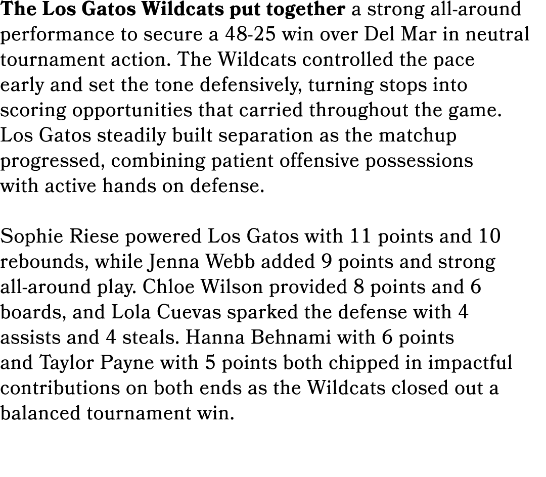 The Los Gatos Wildcats put together a strong all around performance to secure a 48 25 win over Del Mar in neutral tou...