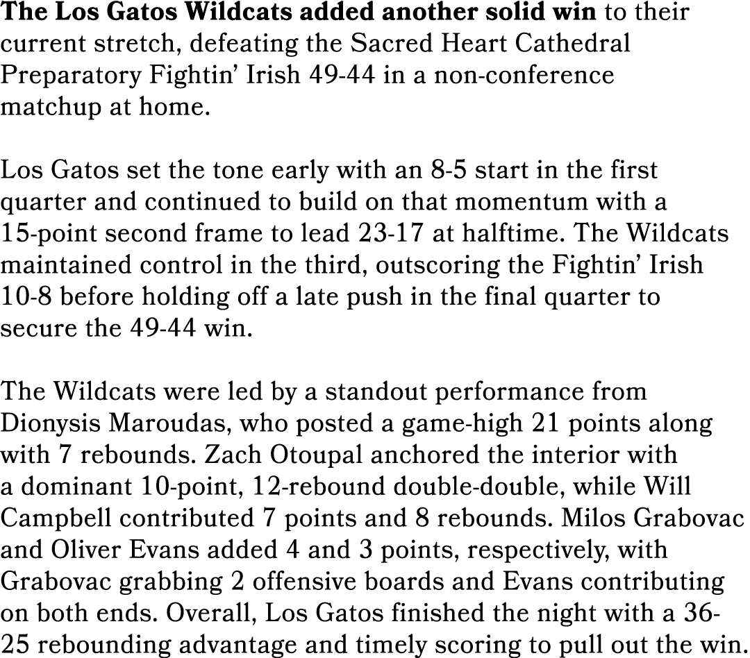 The Los Gatos Wildcats added another solid win to their current stretch, defeating the Sacred Heart Cathedral Prepara...