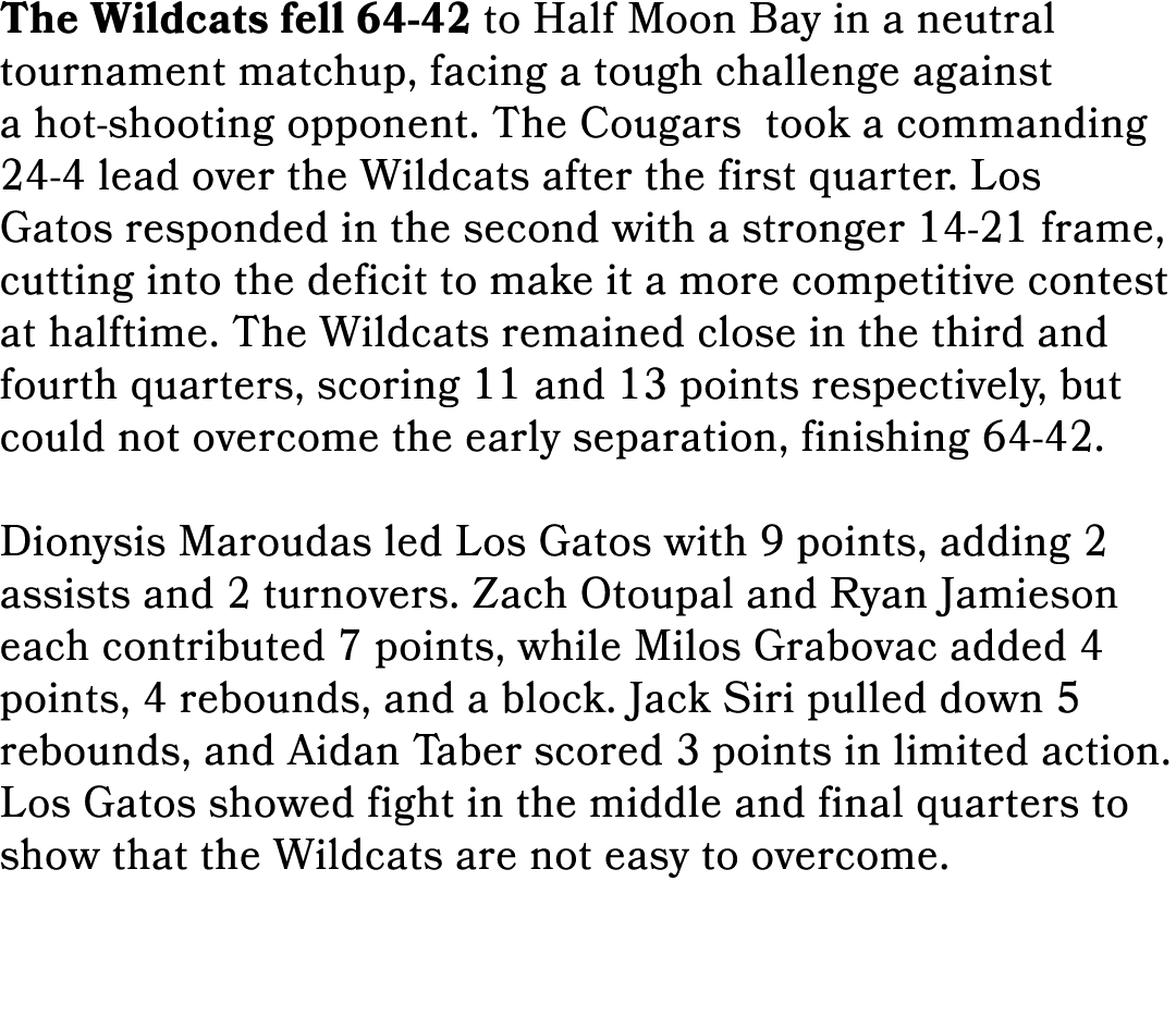 The Wildcats fell 64 42 to Half Moon Bay in a neutral tournament matchup, facing a tough challenge against a hot shoo...