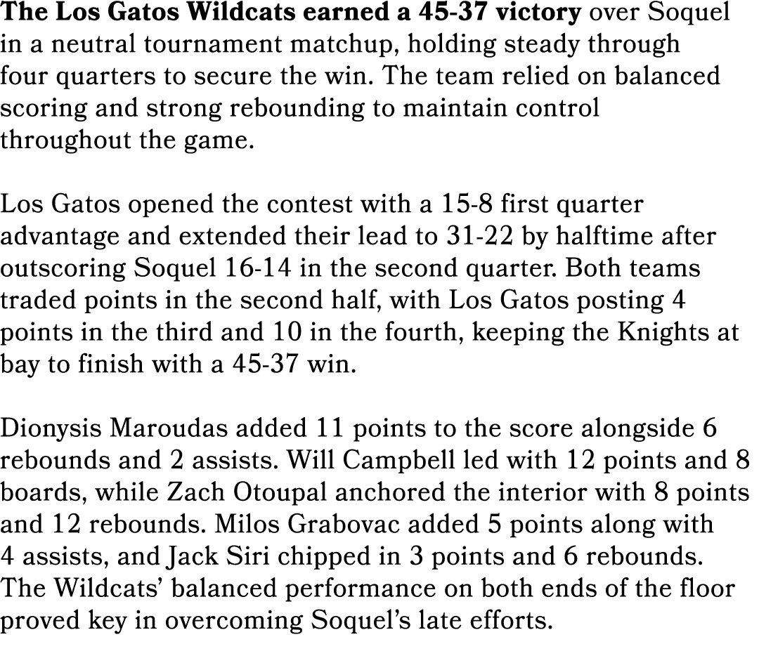 The Los Gatos Wildcats earned a 45 37 victory over Soquel in a neutral tournament matchup, holding steady through fou...