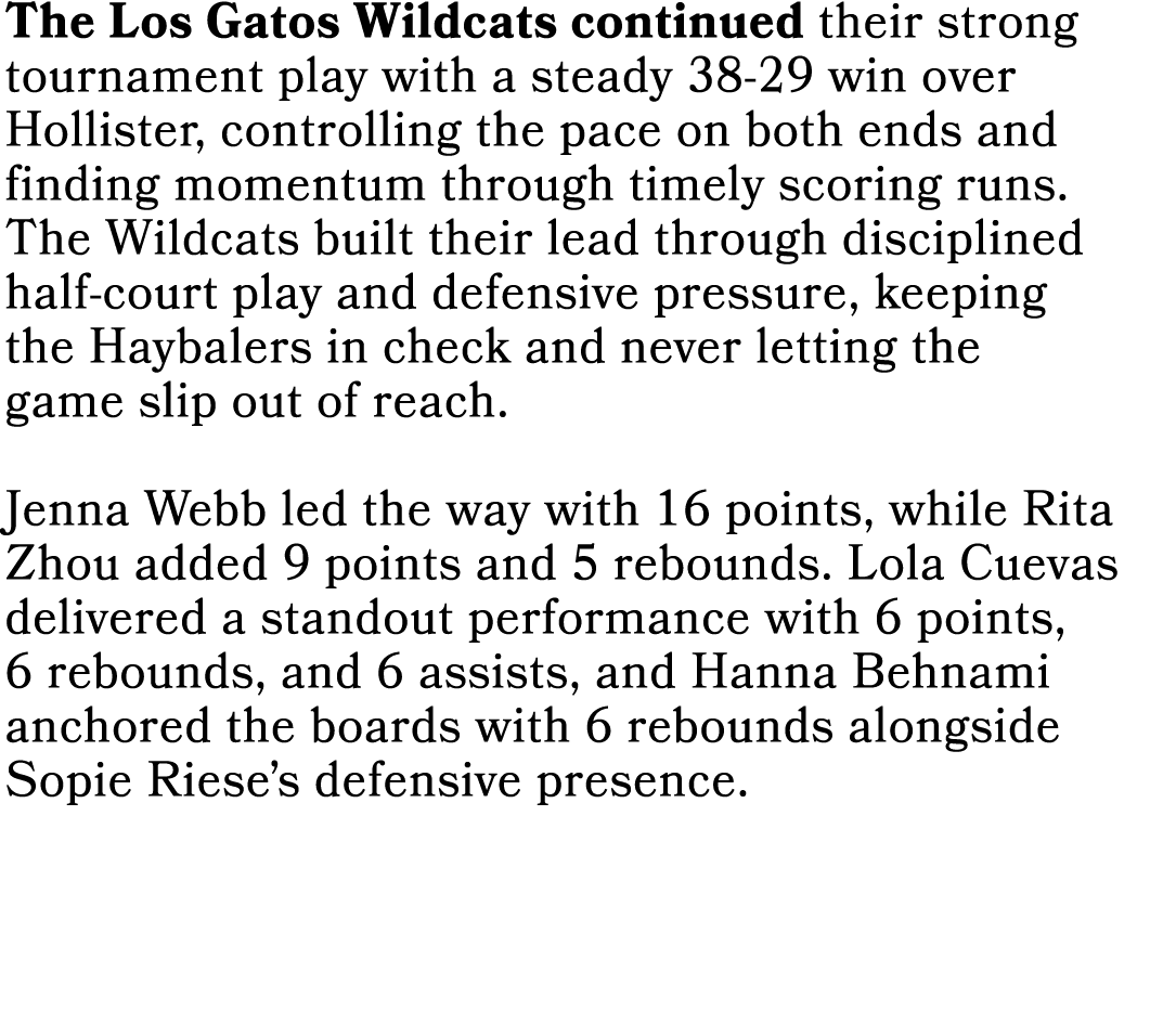 The Los Gatos Wildcats continued their strong tournament play with a steady 38 29 win over Hollister, controlling the...