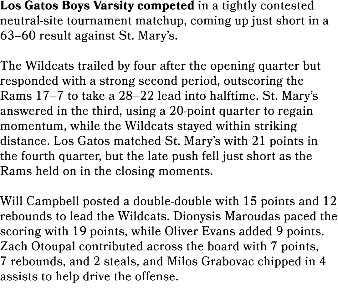 Los Gatos Boys Varsity competed in a tightly contested neutral site tournament matchup, coming up just short in a 63–...