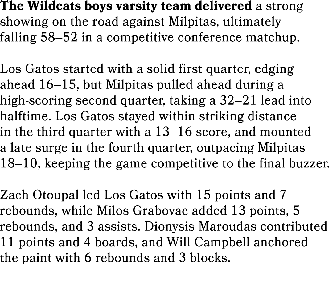 The Wildcats boys varsity team delivered a strong showing on the road against Milpitas, ultimately falling 58–52 in a...