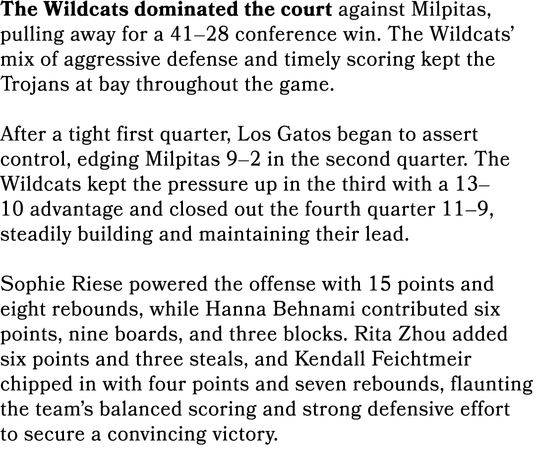 The Wildcats dominated the court against Milpitas, pulling away for a 41–28 conference win. The Wildcats’ mix of aggr...