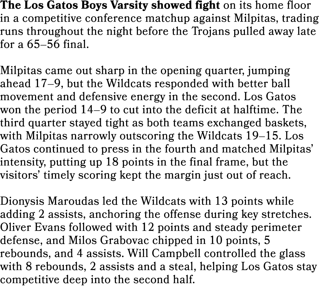 The Los Gatos Boys Varsity showed fight on its home floor in a competitive conference matchup against Milpitas, tradi...