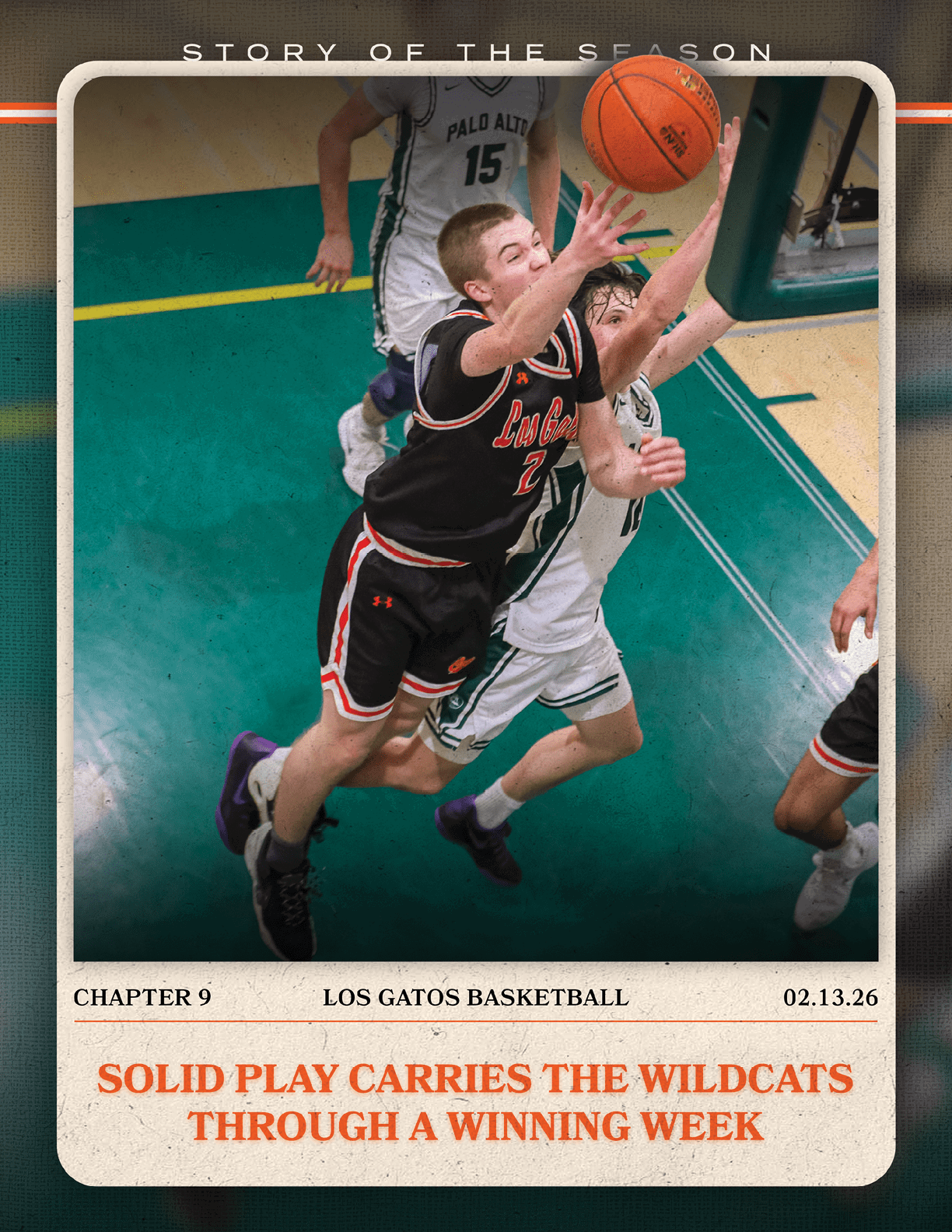 A basketball player leaps to block a shot, while another player tries to score. AI generated content