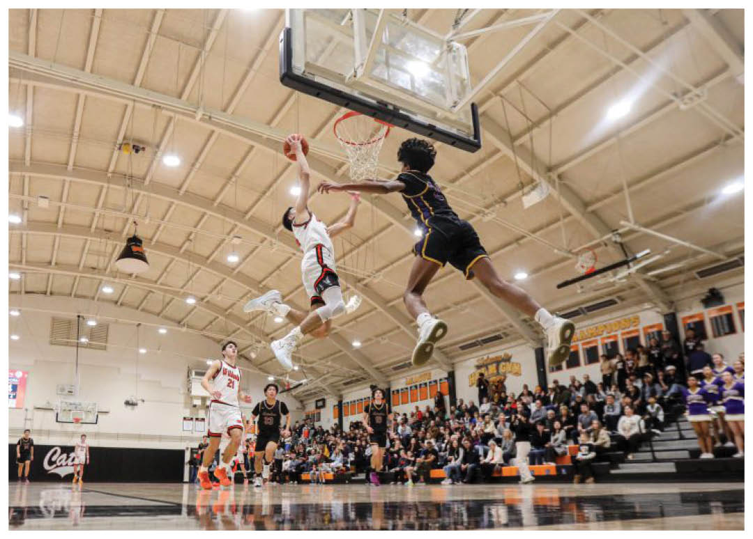 A basketball player is leaping in the air to catch the ball. AI generated content