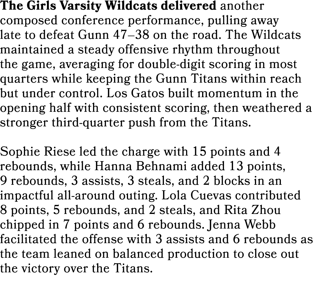 The Girls Varsity Wildcats delivered another composed conference performance, pulling away late to defeat Gunn 47–38 ...