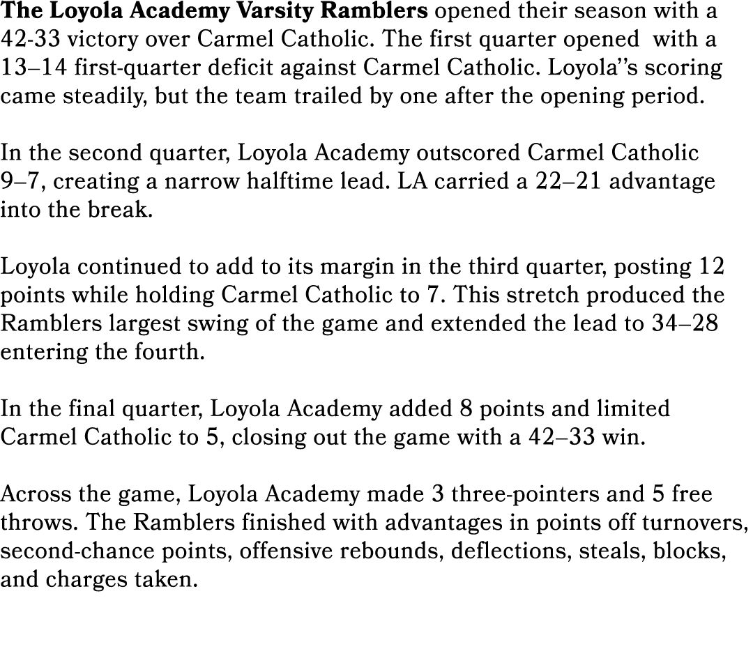 The Loyola Academy Varsity Ramblers opened their season with a 42 33 victory over Carmel Catholic. The first quarter ...