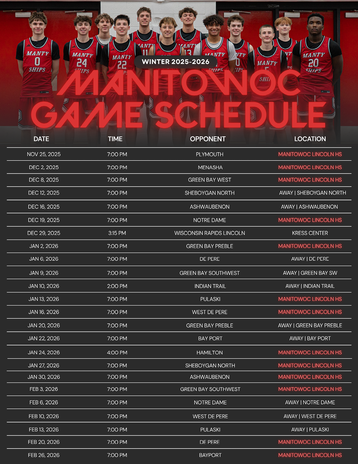 A calendar showing the game schedule for the Manitowoc basketball team. AI generated content